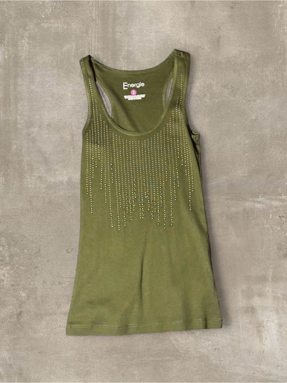 Energie olive green tank top with rhinestones